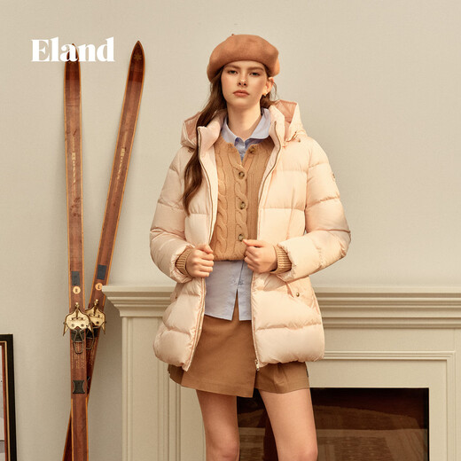 ELAND【鎏光鹅绒服】衣恋羽绒服女连帽中长款外套新款 浅粉色(26)L/Pink S /160