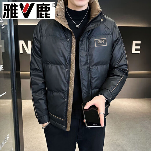 Yalu high-end down jacket men's winter 2026 new style color-blocked stand-up collar thickened warm jacket men's winter wear black black L 100-115Jin Jin equals 0.5 kg