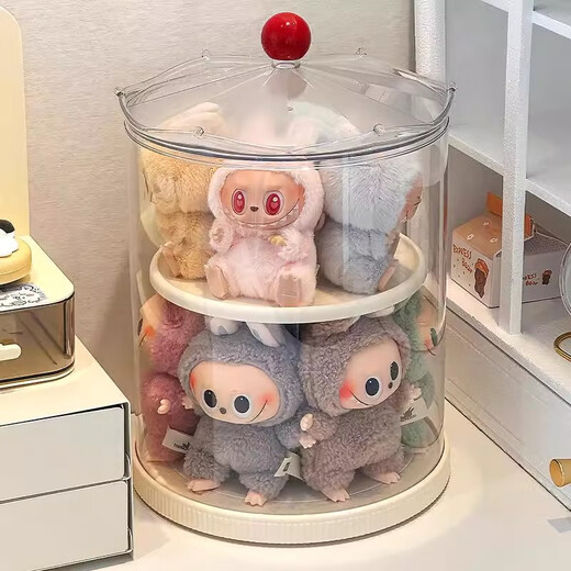 Labubu display box in the shimmer, rotating labubu storage box, transparent plush doll, vinyl doll dust cover, rotating blind box display stand with lift table and cover, ivory white