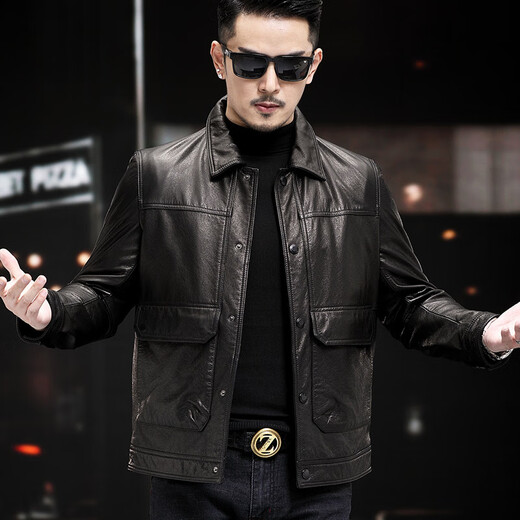 Fat Donglai Supermarket purchasing Haining first-layer waxed cowhide leather jacket men's leather jacket autumn and winter lapel workwear same style black L suitable for 110-125Jin Jin equals 0.5 kg