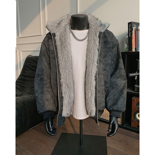 Luyal Mountain Carved Fur Collar PU Leather Cotton Clothes Men's Winter Plush Thickened Jackets American Hiphop Handsome and Versatile Cotton Clothes Beige XL