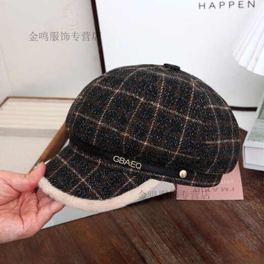 Tuzun 2025 new Korean style plaid octagonal hat British retro plus velvet beret versatile college painter newsboy plush plaid-G khaki one size fits all head circumference 55-58