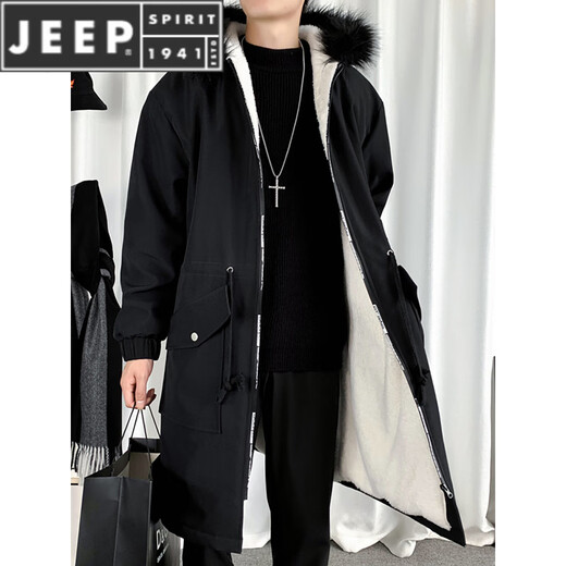 JEEP SPIRIT棉衣男冬季加厚派克服风衣外套情侣马甲中长款棉大衣冬装棉服 黑色 M