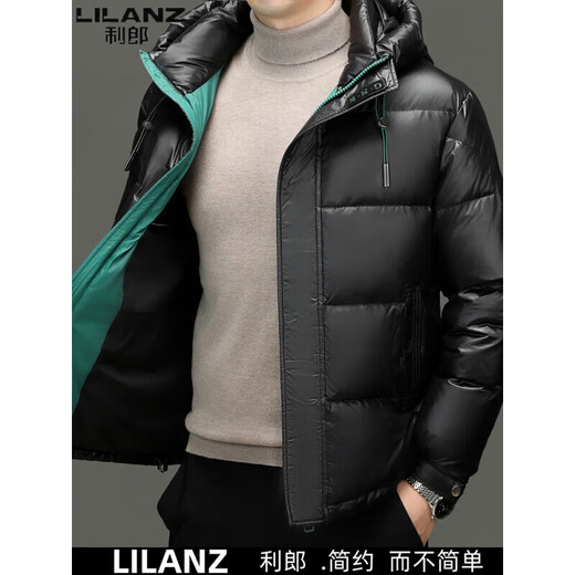 利郎（LILANZ）羽绒服男冬季休闲连帽短款上衣羽绒服青年加厚亮面男士外套潮 黑色 M 170