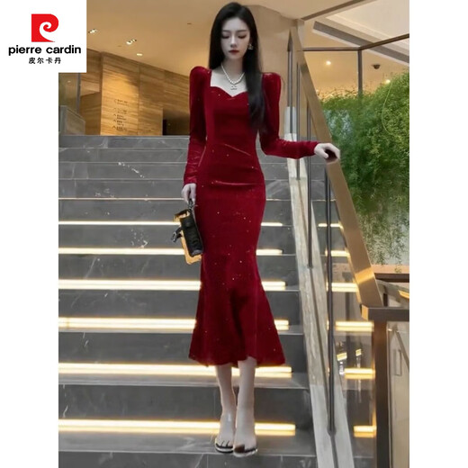 Pierre Cardin New Year's shirt Hepburn style velvet little black dress temperament slim dress long skirt French hip dress women autumn and winter black M 100-110Jin Jin is equal to 0.5 kg
