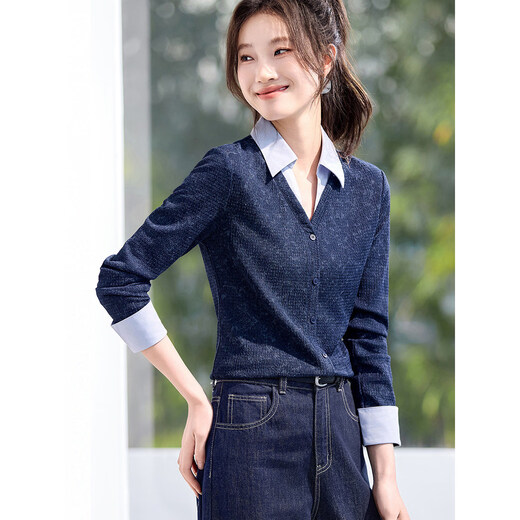 Mohan Yimei Temperament Fashion Top 2026 Spring New V-neck Fake Two-Piece Contrast Color Splicing Slim-fitting Shirt Midnight Blue L