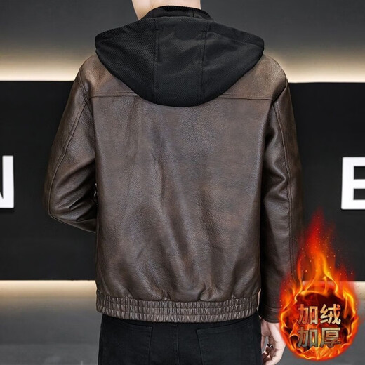 2025 New Fake Two-Piece Hooded Leather Jacket Men's Leather Jacket Fashion Casual Autumn and Winter Thickened Jacket Men Brown Color Velvet L Recommended Weight 100-115 Jin Jin equals 0.5 kg