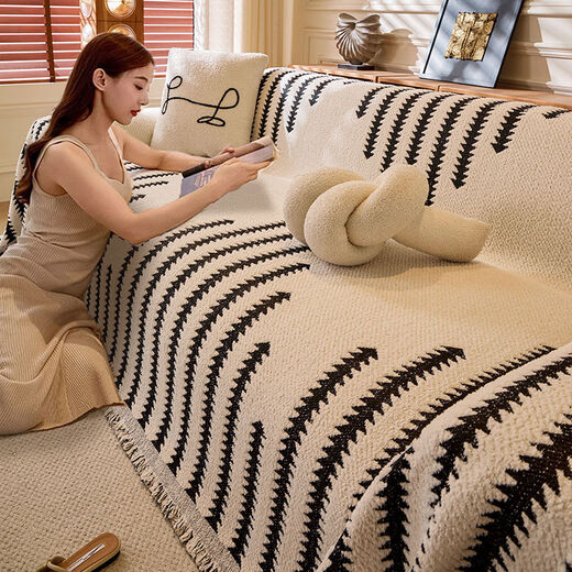 Cat-sense sofa cover Nordic style plush full blanket blanket for all seasons 2025 new cover Chenille-Jiuyi-black and white U-shaped sofa 180300cm two pieces + 180260cm one piece