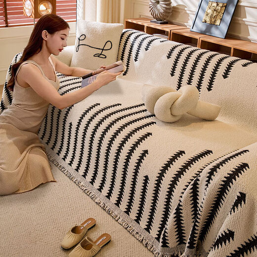 Cat-sense sofa cover Nordic style plush full blanket blanket for all seasons 2025 new cover Chenille-Jiuyi-black and white U-shaped sofa 180300cm two pieces + 180260cm one piece
