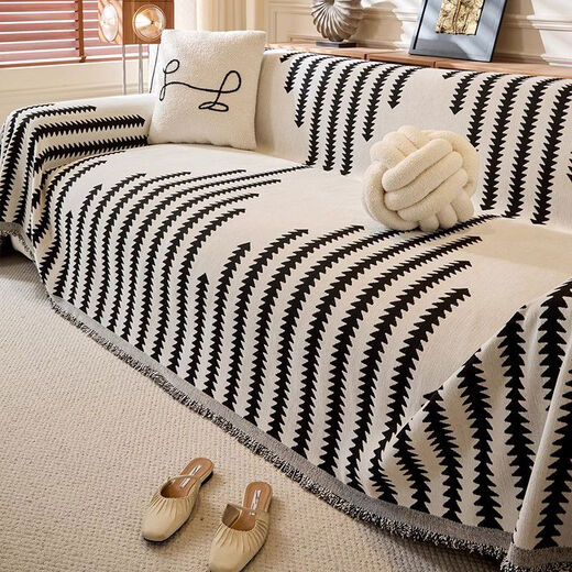 Cat-sense sofa cover Nordic style plush full blanket blanket for all seasons 2025 new cover Chenille-Jiuyi-black and white U-shaped sofa 180300cm two pieces + 180260cm one piece