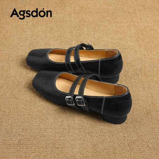 Augu Shiden Mary Jane shoes for women spring new style retro temperament versatile ballet style shallow low heel single shoes square toe pig nose women's shoes P561129 black 35