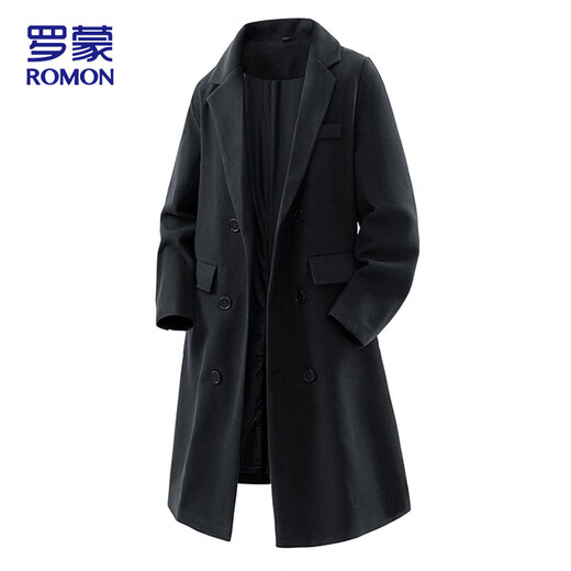 ROMON windbreaker men's woolen coat winter casual warm lapel loose mid-length coat black 2XL