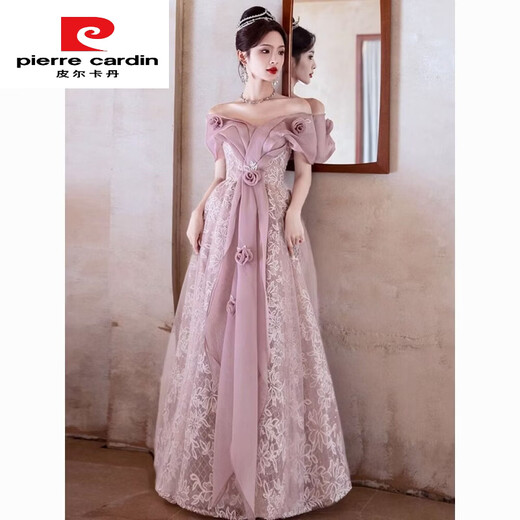 Pierre Cardin pink evening dress for women 2025 new style light luxury niche high-end adult ceremony skirt annual meeting host pink M