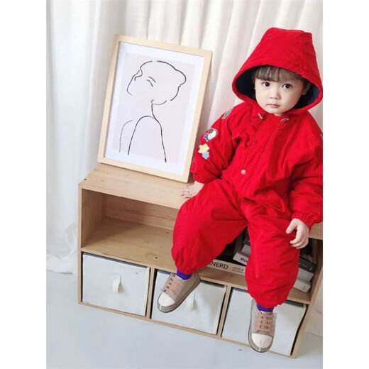 Ultraman children's red one-piece baby winter clothing for men and women, thickened hooded embroidered climbing clothing, cotton clothing, ski clothing, Mi 73, one size fits all, navy blue