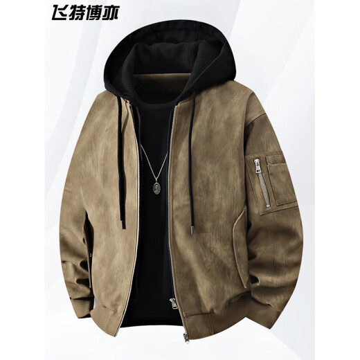 胖东来大码连帽皮衣外套男士春秋季假两件上衣胖东来同款 2578卡其 XL 130150斤