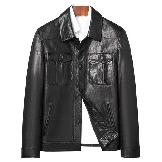 Fat Donglai Supermarket purchasing men's spring and autumn new Haining goatskin oil wax leather jacket casual short jacket same style black L