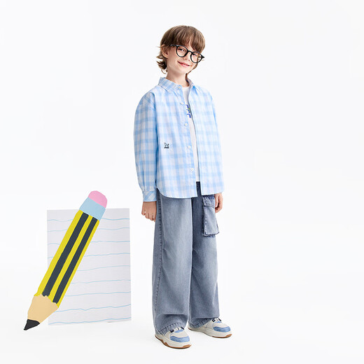 Anair children's clothing lapel long-sleeved shirt 2026 spring new casual shirt college style shirt versatile blue and white check 110