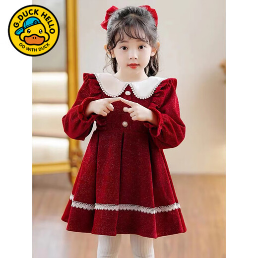 G.duck girls dress autumn and winter 2025 new velvet winter girl red annual dress children princess skirt winter red spring and autumn 90 cm