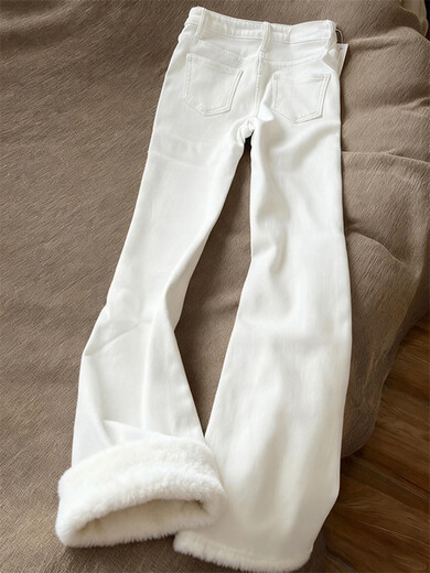 Shelley Jones white velvet bootcut jeans men's winter high-waisted slim-fit pants American high street slim scimitar pants white velvet M recommended 80-100Jin Jin equals 0.5 kg