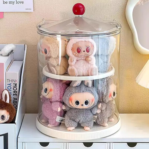 Labubu display box in the shimmer, rotating labubu storage box, transparent plush doll, vinyl doll dust cover, rotating blind box display stand with lift table and cover, ivory white