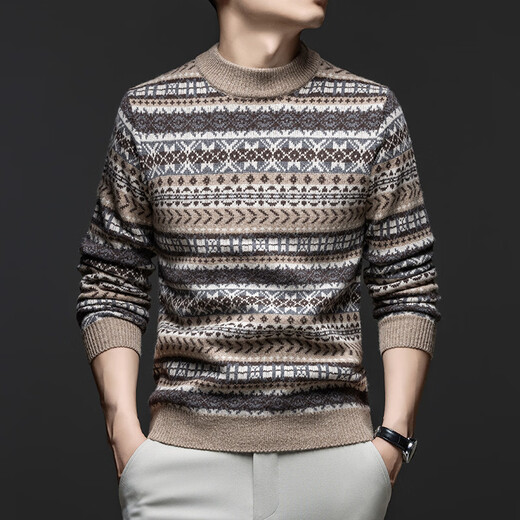 Wirpta high-end brand jacquard pure wool sweater for men spring and autumn new thickened warm sweater retro casual sweater fashion misty camel thickened (ready in stock) M 105