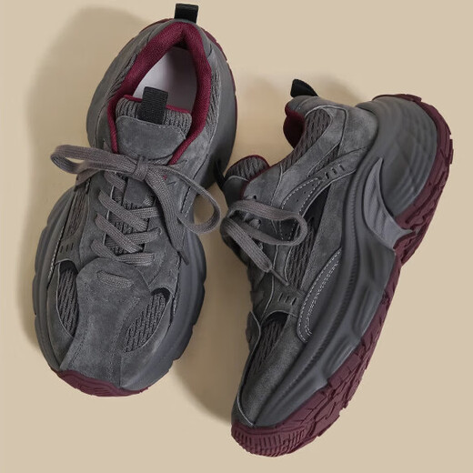 OLJ luxury high-end brand women's shoes thick-soled dad shoes 2026 new casual commuting color matching retro fashion sneakers gray red single lining 39