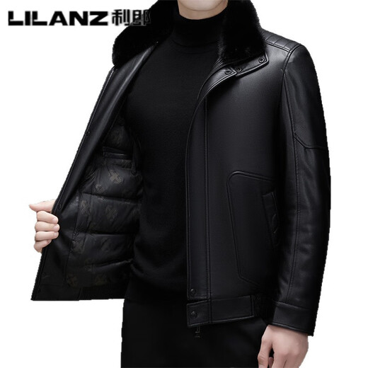 LILANZ利郎冬装男士皮衣外套休闲水貂毛可拆卸保暖皮羽绒服爸爸装男 黑色 M 170