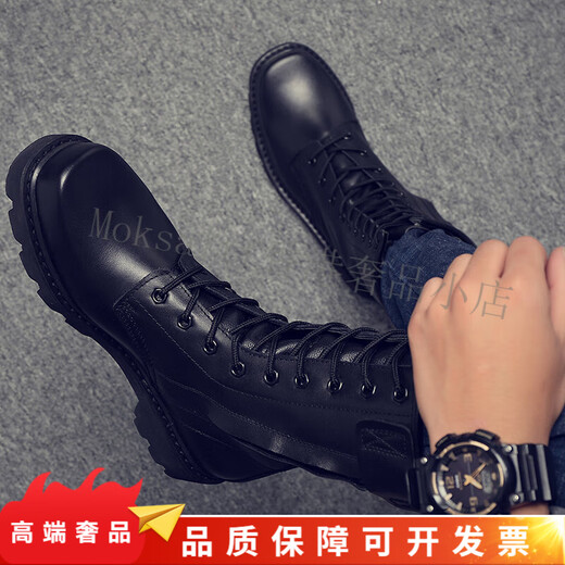 TOP GLORIA Martin boots men's leather boots men's winter labor insurance combat boots high boots military training shoes genuine leather workwear leather shoes Martin boots black square head (four seasons) 35