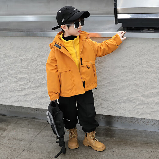 BALA is suitable for boys' coats, spring and autumn 2024 new style, cool and handsome autumn clothes for children, hooded three-in-one yellow jacket 90cm