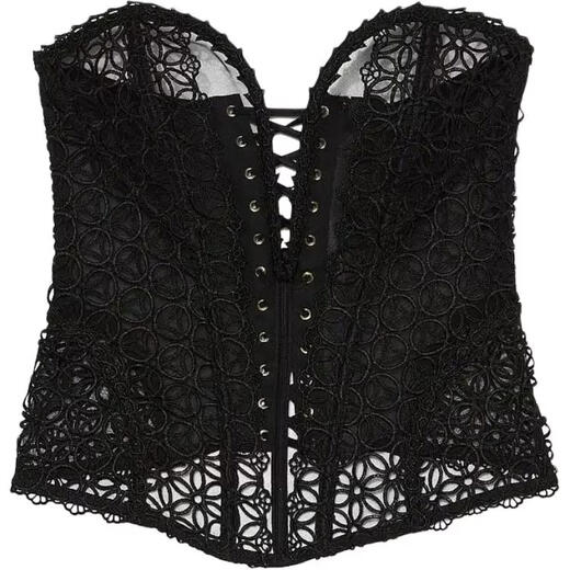 Victoria's Secret Sexy Hollow Embroidery Long Thin Mesh Deep V Body Shaping Fishbone Tube Bra Women's Black Black XS