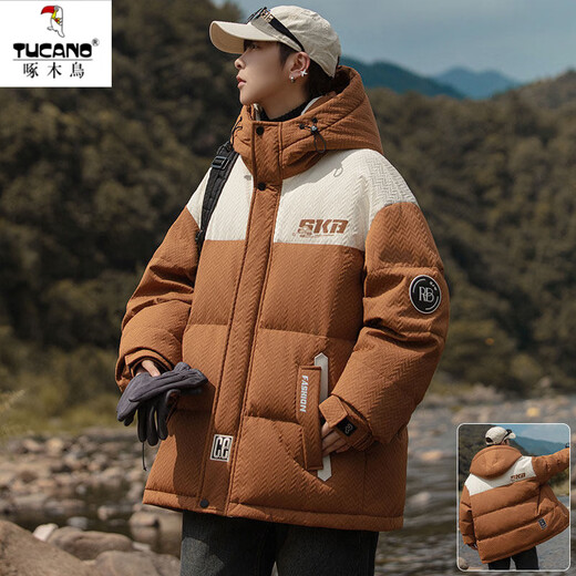 Woodpecker three-proof down jacket men's winter thickened work jacket men's hooded loose mountain style outdoor cold-proof jacket 8901 khaki new national standard 90% white duck down XL about 125~145Jin Jin equals 0.5kg can be worn