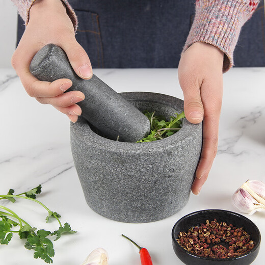 Shiganu black bluestone garlic mortar household garlic press garlic mortar large black bluestone matte comes with splash-proof cover