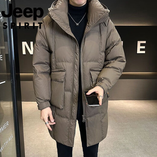 JEEP吉普国际品牌中长款羽绒服男士冬季2025新款连帽加厚宽松休闲外套 黑色 M 推荐105-125斤