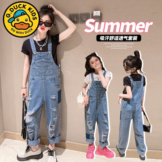 迪士尼（Disney）女童背带裤套装洋气春夏装中大童牛仔背带裤女孩子夏装短袖两件套 黑色T恤+背带裤套装 150