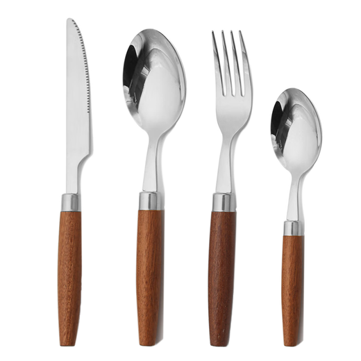 Qiao Bo Lai Korean style ins style spoon 304 stainless steel Western steak knife, fork and spoon Sapele solid wood handle tableware household soup spoon and fork silver knife, fork and spoon 4-piece set