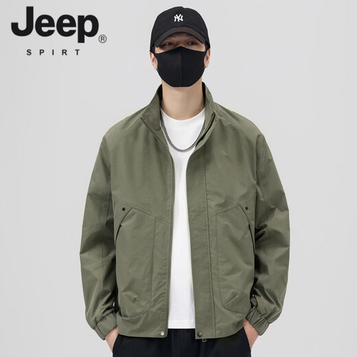 JEEP SPIRIT Men's Jacket Spring and Autumn 2026 New Trendy Brand Stand Collar Loose Casual Men's Top Work Jacket Men's Spring Green L (Recommended 110-130 Jin Jin equals 0.5 kg)
