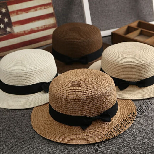 Cha Xiao A Korean version of the straw hat summer British retro flat top fresh hat sunshade beach hat travel trendy summer flat top khaki M (56-58cm)