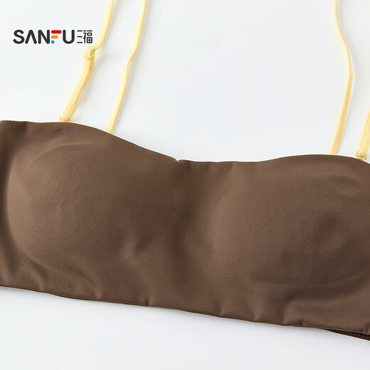SANFU thin cup no wire push-up bra, one-line chest-wrapping, contrasting color spaghetti straps, beautiful back bra for women 513700, coffee color M, suitable for 70C/75A/B/C
