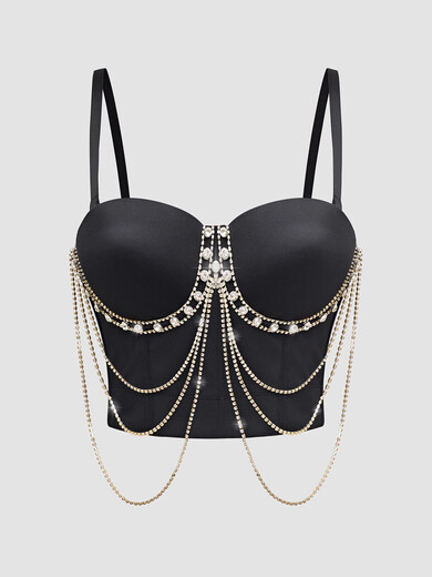 Lu Qiuguo sexy suspender chain rhinestone bra integrated outer wear suspender new high-end top for women black M 38C/