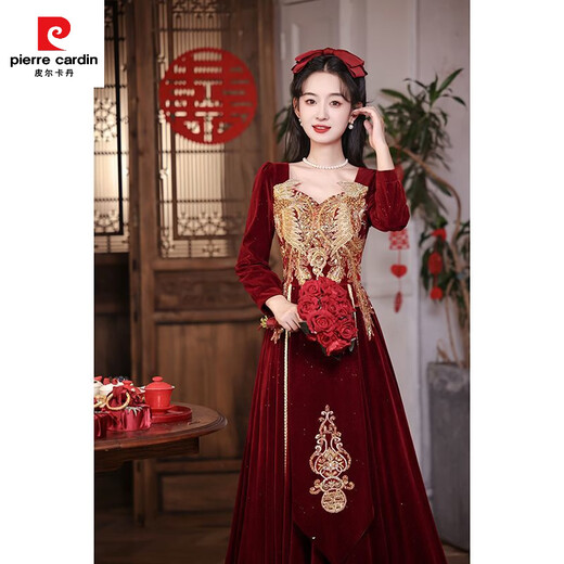 Pierre Cardin (pierre cardin) large size toast dress bride wedding burgundy long-sleeved velvet fat mm new Chinese style homecoming dress engagement dress for women spring burgundy one-size-fits-all private customization non-refundable and non-exchangeable