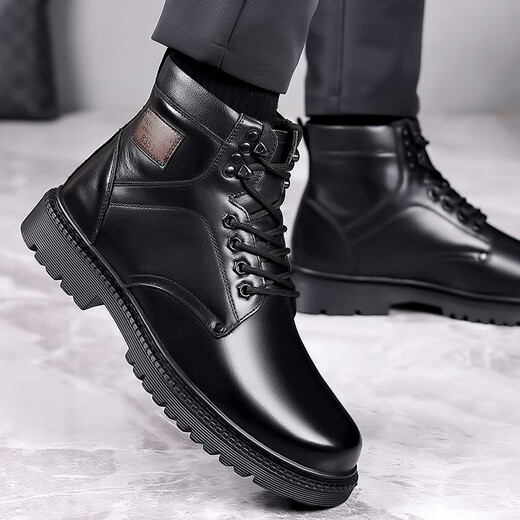 Kachilang Martin Boots Herren echte Lederwolle warme Baumwollstiefel High Top Cowdled Arbeit Anzug Kampf Army Hook Schneestiefel Winter 3519 Schwarz 39