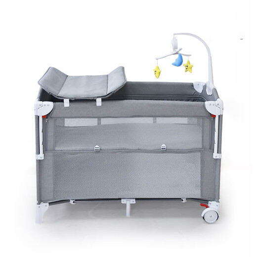 XINBORO crib, foldable and spliced large bed, mobile crib, portable newborn baby changing table, gray 110*60*76cm, movable entry and exit door, luxurious and fully equipped