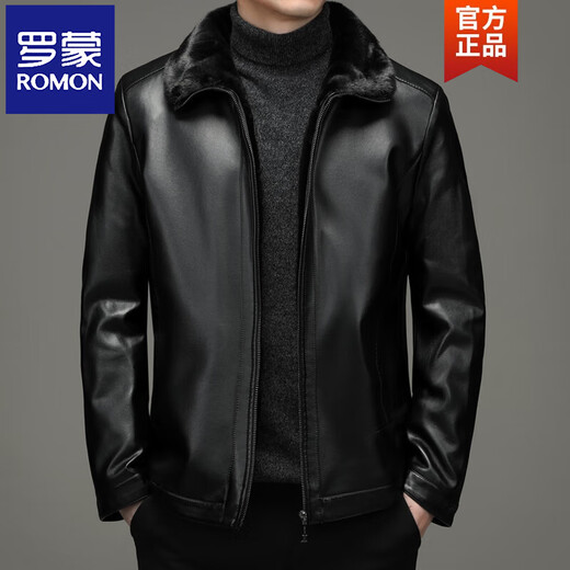ROMON Haining Leather Men's Fur Integrated Lapel Winter Thickened Sheepskin Jacket Dad's Casual Jacket Black M 170