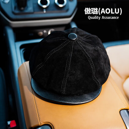 AOLU retro octagonal painter's hat autumn and winter men's cowhide all-match beret outdoor British style middle-aged and elderly baseball cap black XL (57-58cm)