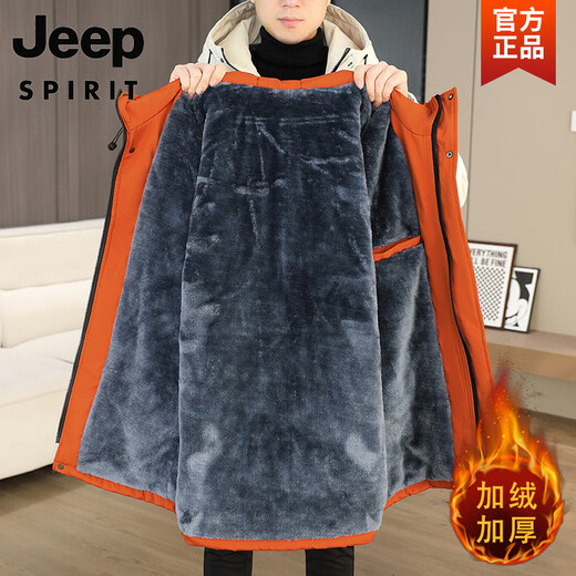 JEEP SPIRIT winter windbreaker men's velvet thickened jacket men's winter cotton coat mid-length windbreaker warm jacket for men orange 2XL