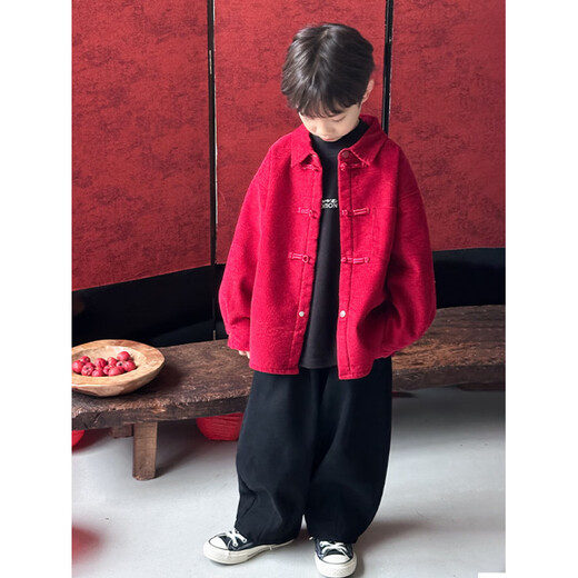 Strong boys' velvet shirt, children's new Tang suit, New Year's clothing, boys' red shirt, middle-aged and elderly children red 100 cm