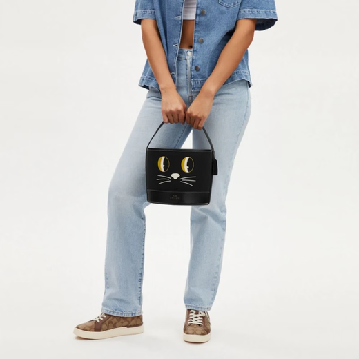 COACH Trick Or Treat Halloween Cat Pattern Logo Canvas Leather Bucket Bag Handbag Small Default BasicSet(Bag+DustBag)