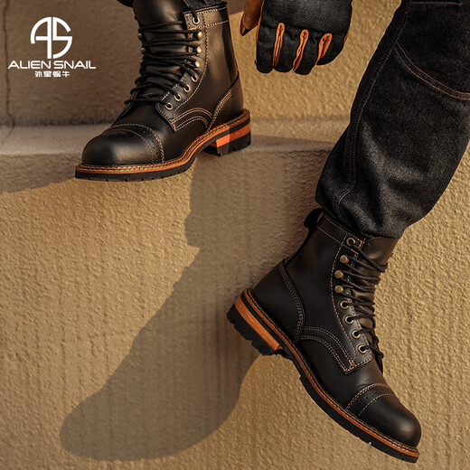 Alien Snail Retro Work Boots Men's British Style Casual Cycling Shoes Genuine Leather Motorcycle Boots High Top Martin Boots Men's Shoes Black 39