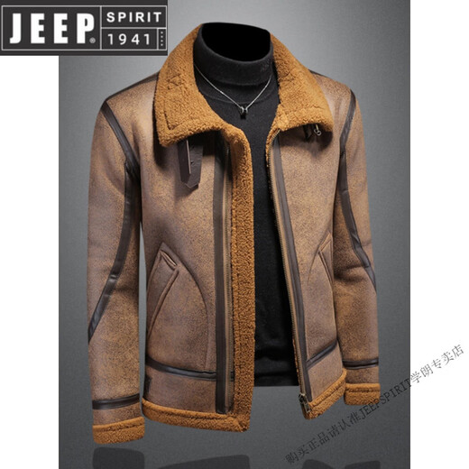 JEEP SPIRIT2025 lamb fur one-piece men's winter jacket plus velvet thickening motorcycle leather jacket men's new product black version M -115Jin Jin equals 0.5 kg