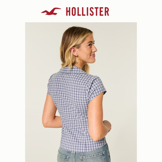 HOLLISTER American waist lace-up slim fit inner short-sleeved shirt 26 spring new women's clothing 340-6070 blue plaid M (165/88A)